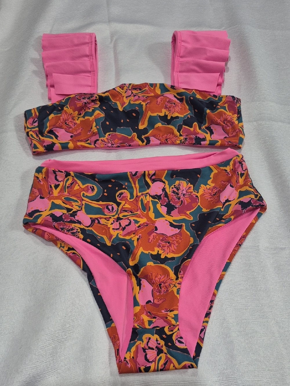 ANCORA Floral High-Waist Two-Piece Swim Set in Pink Womens Size LARGE.